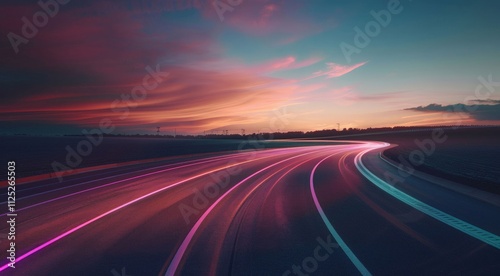 vibrant light road at night. Streaks of vibrant light   road. dynamic energy of movement and speed. concept  travel, journey, and futuristic technology.