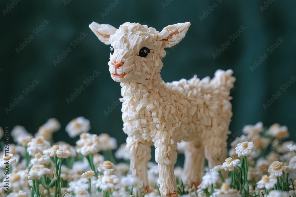 Fototapeta premium A whimsical sculpture of a goat made from pasta, surrounded by small flowers.