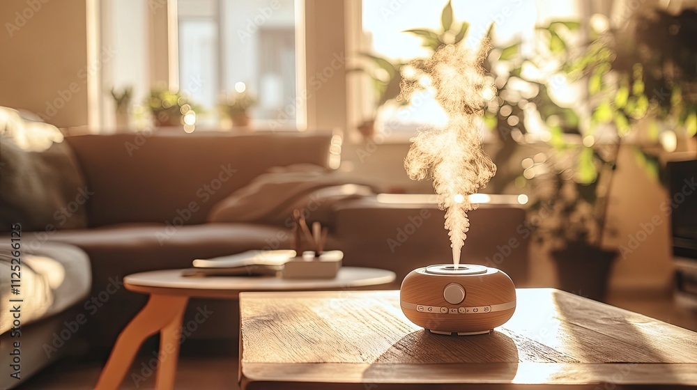 Stylish diffuser emitting aromatic steam on a rustic table in a serene, softly lit living room for wellness visuals. Stylish diffuser emitting aromatic steam on a rustic table in a serene, softly lit living room for wellness visuals.