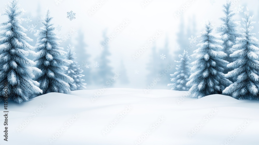 Fototapeta premium A serene winter landscape featuring snow-covered trees and a gentle snowfall creates a peaceful atmosphere, Ideal for seasonal promotions, holiday themes, or winter-related content,