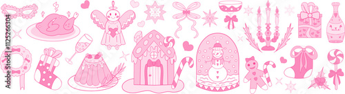 Pink girly coquette christmas set. Merry christmas and happy new year Lovely cute collection, christmas tree decorations with bows, pink ribbon. Vector illustration