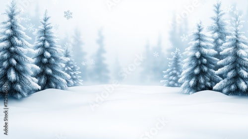 A serene winter landscape featuring snow-covered trees and a gentle snowfall creates a peaceful atmosphere, Ideal for seasonal promotions, holiday themes, or winter-related content,