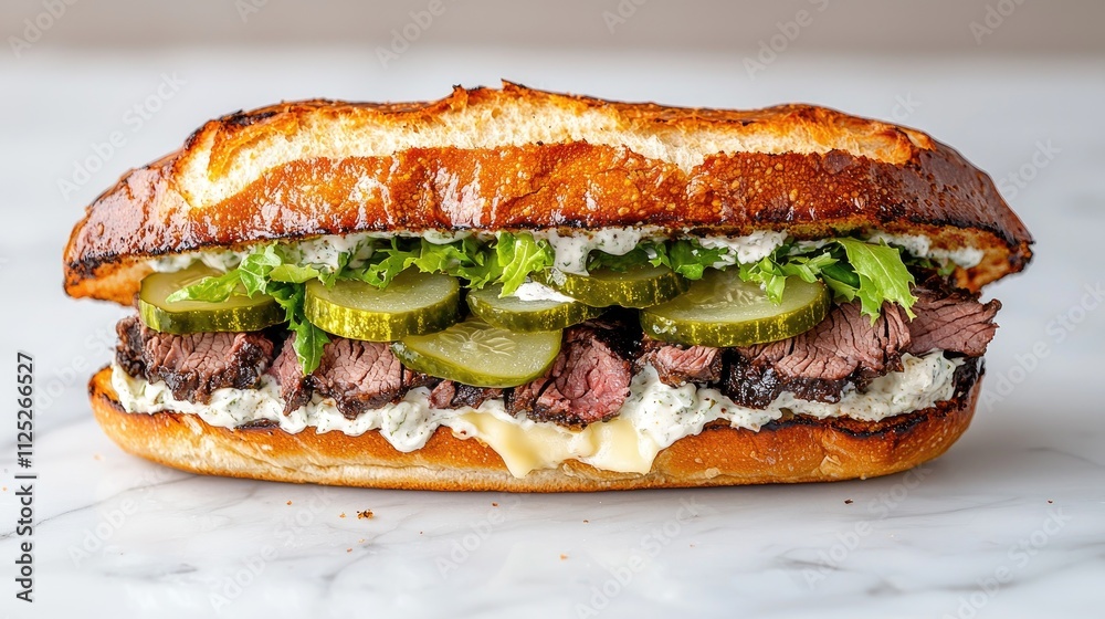 Delicious roast beef sandwich with pickles, lettuce, and creamy sauce on toasted bread. Delicious roast beef sandwich with pickles, lettuce, and creamy sauce on toasted bread.