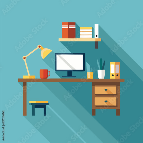 Computer display and office tools on desk. Desktop computer screen isolated. Modern creative workspace background. Front view