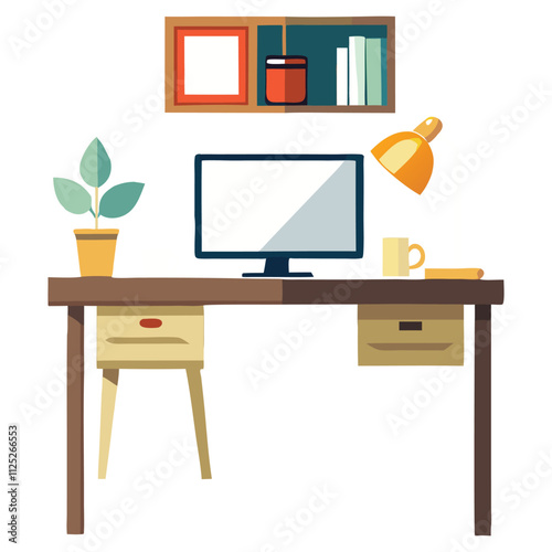 A flat design illustration of a clean, organized desk with a desktop computer, a desk lamp, a clock, and other office supplies.