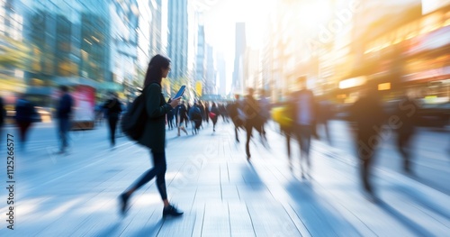 Une personne marchant dans la rue avec son téléphone à la main, entouré de silhouettes floues de gens, paysage urbain en arrière-plan.