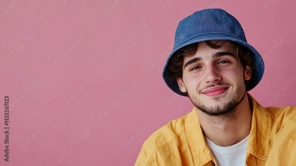 A stylish young caucasian man in a casual blue bucket hat, leaning slightly forward with a friendly smile, set against a minimal pink background with copy space for creative use A stylish young caucasian man in a casual blue bucket hat, leaning slightly forward with a friendly smile, set against a minimal pink background with copy space for creative use