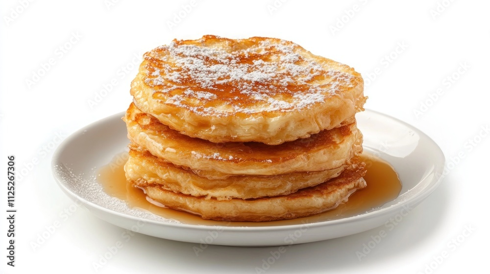 Golden Brown Pancakes Stacked High With Syrup and Powdered Sugar Golden Brown Pancakes Stacked High With Syrup and Powdered Sugar