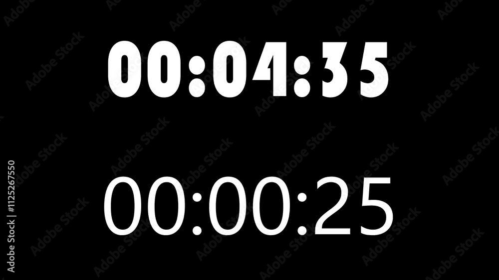 5 minutes digital clock animation from up and down. 05 minutes counts clock. Digits showing 05 minutes countdown animation on black background.