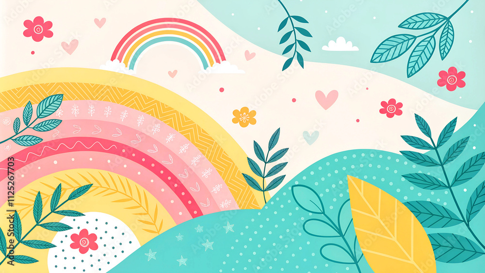 background. whimsical illustration of a vibrant rainbow stretching over rolling hills with playful patterns, leaves, and flowers. The design features a pastel palette with a joyful and creative style. background. whimsical illustration of a vibrant rainbow stretching over rolling hills with playful patterns, leaves, and flowers. The design features a pastel palette with a joyful and creative style.