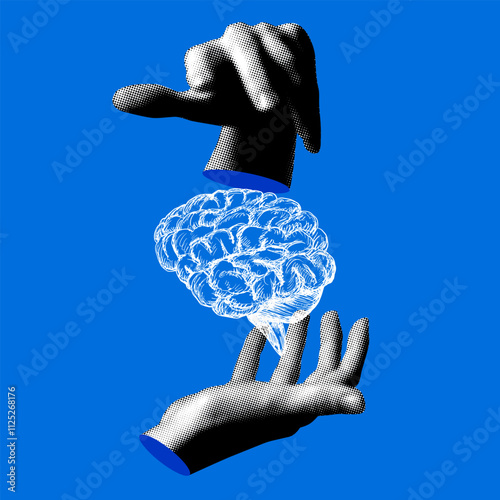 Modern collage with halftone hands and  human brain. Knowledge concept. Idea generation. Сoncept of artificial intelligence