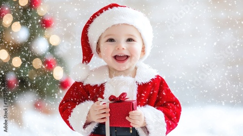 Happy baby in Santa suit holding gift, snowy Christmas background.