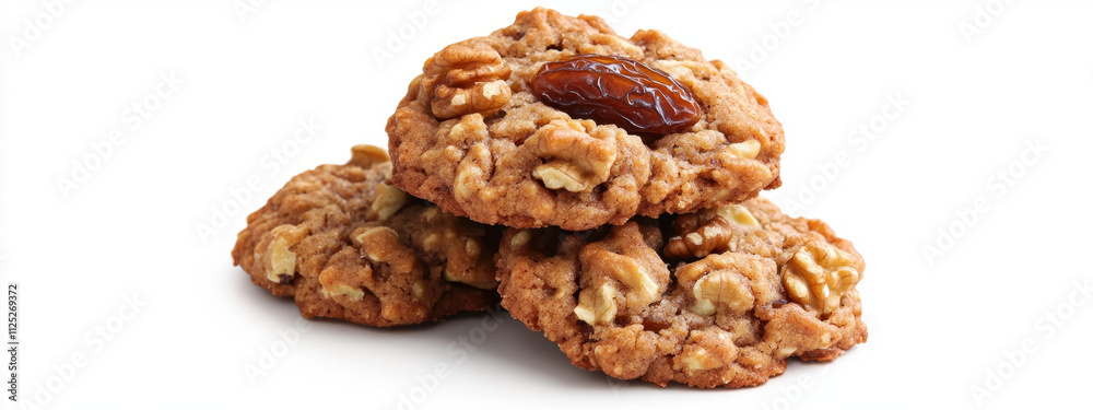 Close-up of homemade oatmeal cookies with walnuts and a single raisin topping on a white background. Close-up of homemade oatmeal cookies with walnuts and a single raisin topping on a white background.