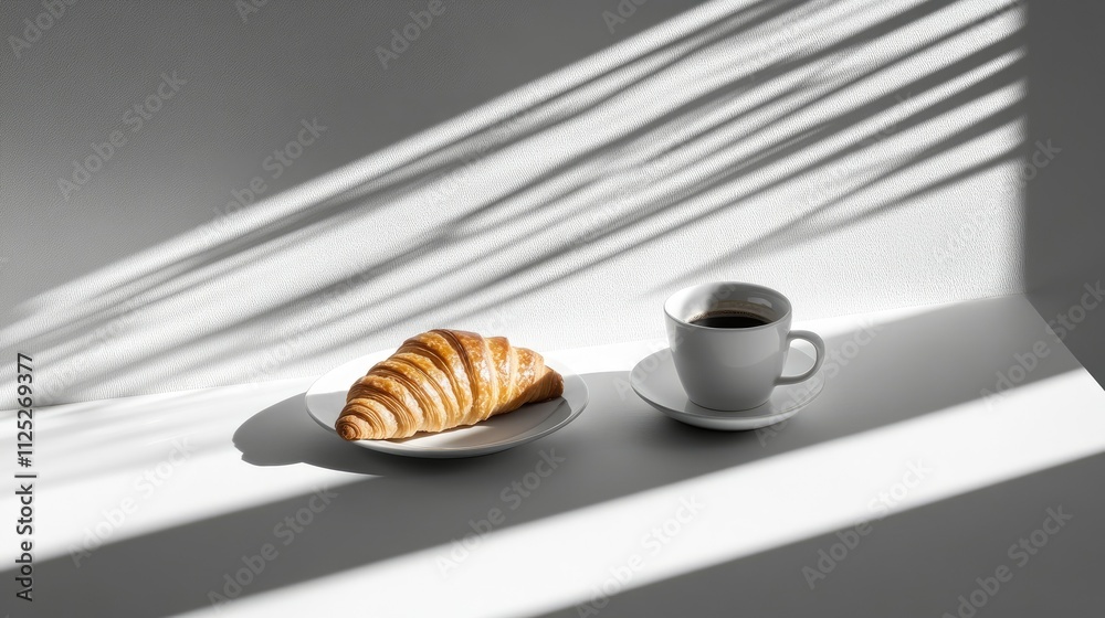 A minimalist photo of a croissant and coffee cup on a plain white surface, with artistic shadow lines in the background A minimalist photo of a croissant and coffee cup on a plain white surface, with artistic shadow lines in the background