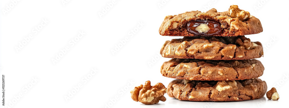 Stack of homemade walnut chocolate cookies with a gooey center, showcasing nutty texture and rich chocolate, isolated on a white background. Stack of homemade walnut chocolate cookies with a gooey center, showcasing nutty texture and rich chocolate, isolated on a white background.