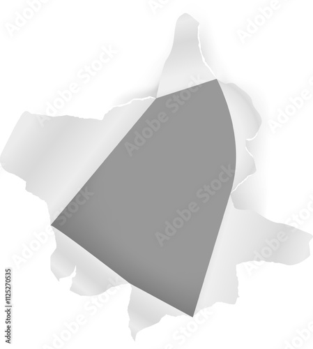 White sheet of paper with torn edges revealing a gray background, forming an irregular hole that offers ample space for text or creative designs, enhancing visual impact