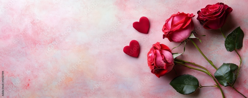Romantic Roses and Heart-Shaped Decorations on a Soft Pink Background for Love Celebrations Romantic Roses and Heart-Shaped Decorations on a Soft Pink Background for Love Celebrations