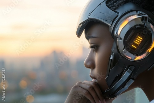 Futuristic individual in a sleek helmet contemplating the urban skyline at sunset photo