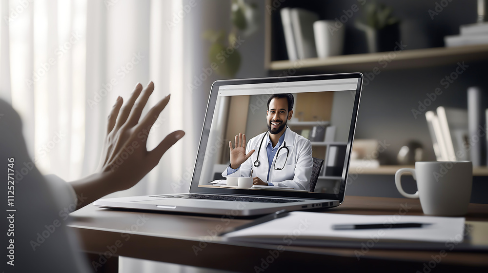 A doctor in uniform and a stethoscope waving and talking with a patient in a laptop screen giving online consultation. Online consultation concept A doctor in uniform and a stethoscope waving and talking with a patient in a laptop screen giving online consultation. Online consultation concept