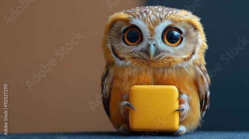 Adorable owl holding a yellow cube against a muted background. photo