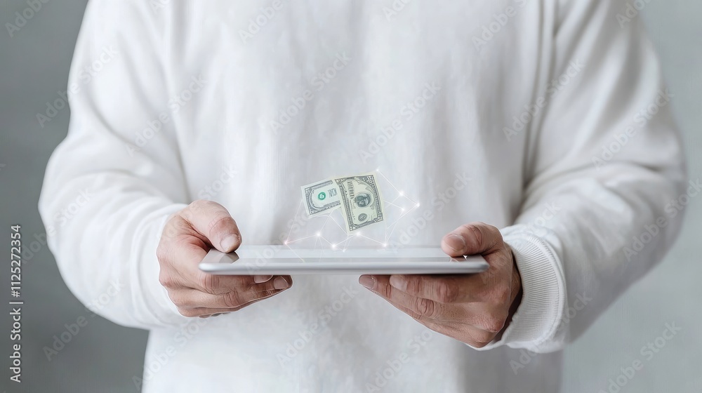 Person holding tablet with digital money illustration. Person holding tablet with digital money illustration.