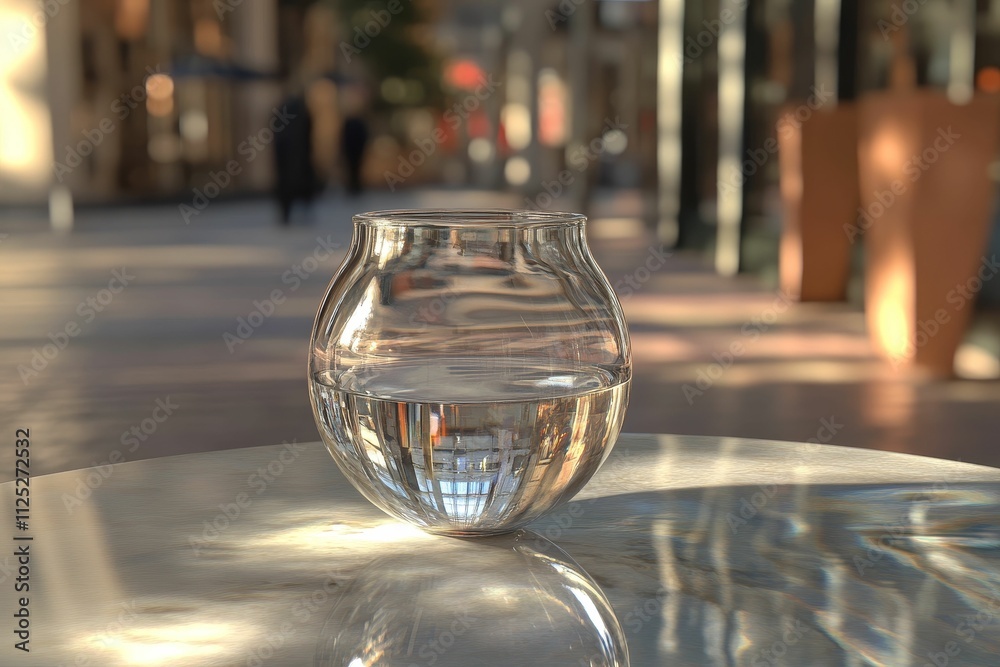 Glass vessel, partly filled, reflects light, smooth surface. Glass vessel, partly filled, reflects light, smooth surface.