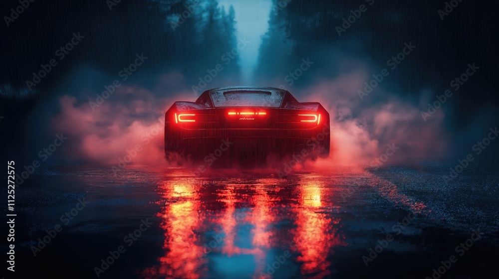 Nighttime Driving Scene with a Sports Car in Rain Nighttime Driving Scene with a Sports Car in Rain