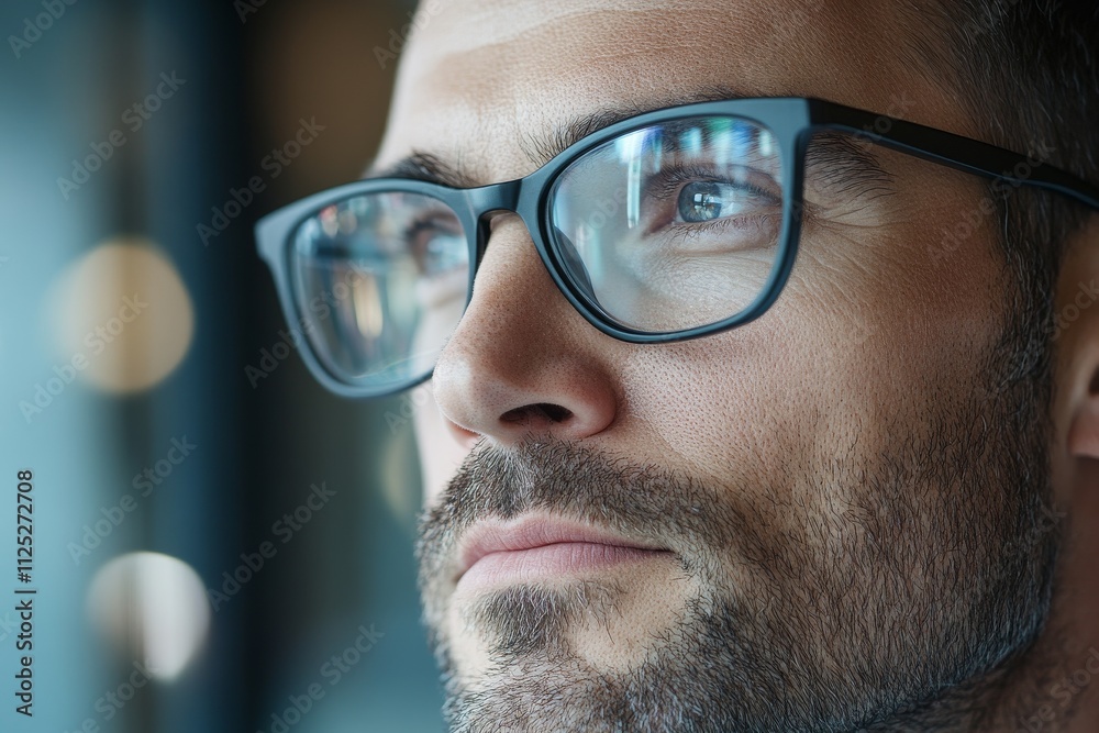 Close-up of a man with glasses looking thoughtfully while reflecting in a modern urban setting Close-up of a man with glasses looking thoughtfully while reflecting in a modern urban setting
