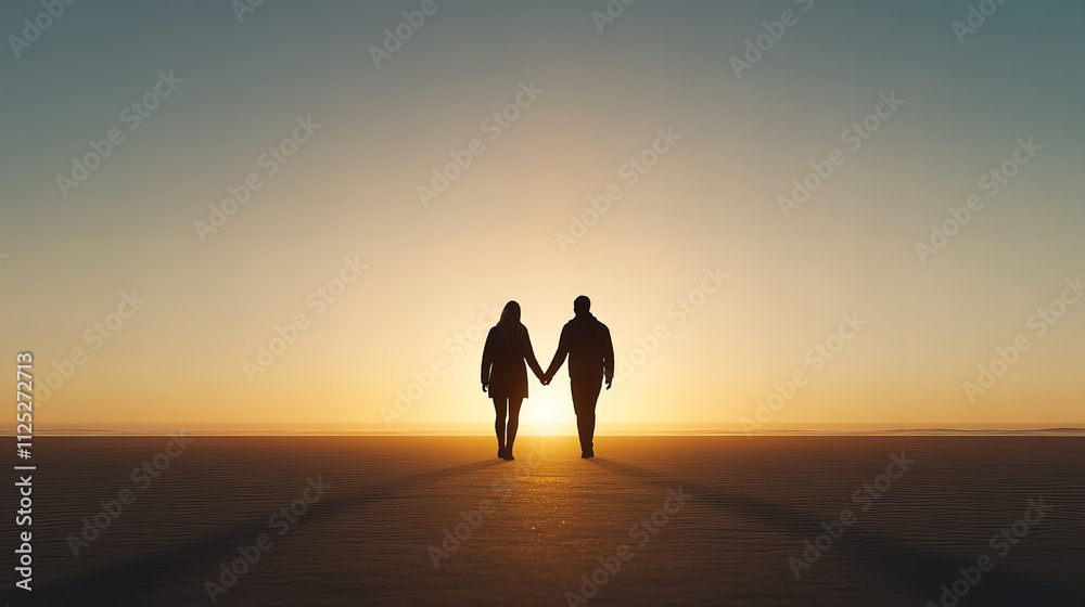 Couple holding hands while walking along sandy beach at sunset enjoying a serene moment together Couple holding hands while walking along sandy beach at sunset enjoying a serene moment together