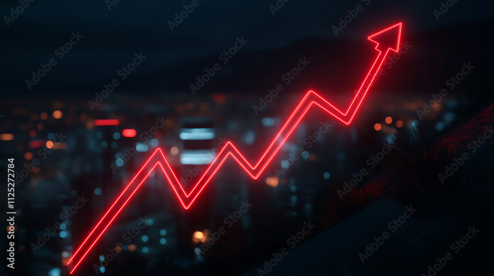 A dynamic representation of digital financial growth, featuring a glowing red line graph symbolizing stock market returns. Development and digital financial evolution A dynamic representation of digital financial growth, featuring a glowing red line graph symbolizing stock market returns. Development and digital financial evolution