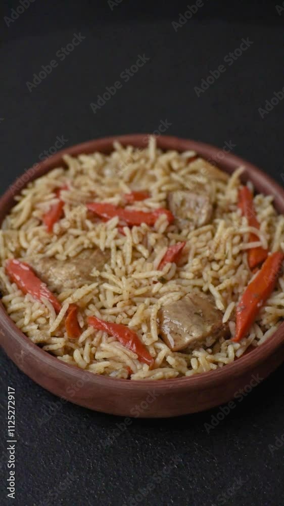 Delicious fresh pilaf with rice, carrots, meat, onions, spices and berries on a ceramic plate on a dark concrete background Delicious fresh pilaf with rice, carrots, meat, onions, spices and berries on a ceramic plate on a dark concrete background