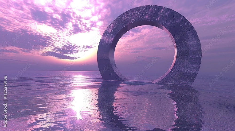A large purple torus reflecting light above a calm surface A large purple torus reflecting light above a calm surface