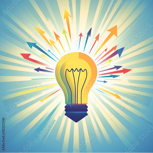 Yellow light bulb with various arrows and rays of light coming from it on a blue background. Idea concept.