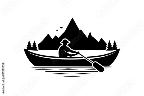 Canoeist on a Lake: Outdoor Adventure and Tranquil Waters Illustration