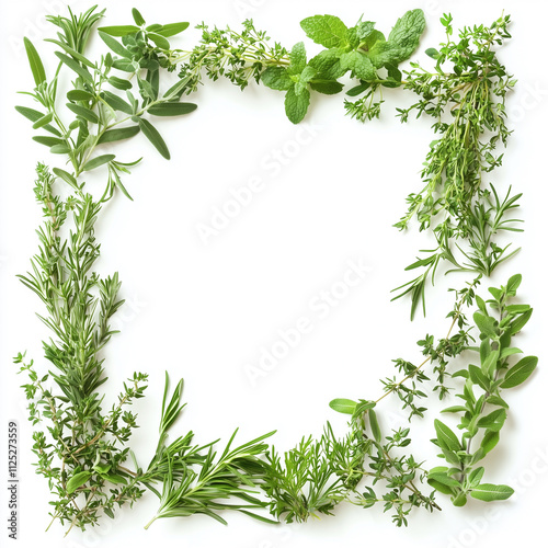 Frame made of fresh herbs on white background