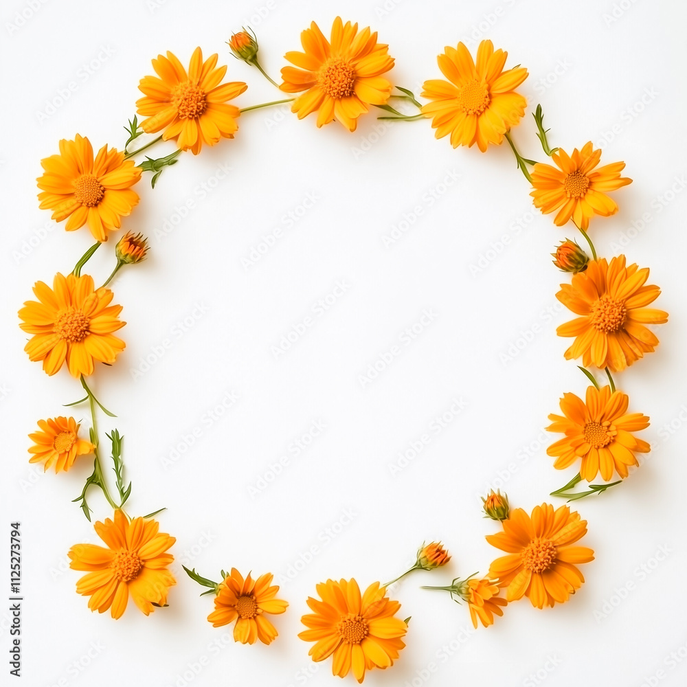 Frame of orange flowers on white background. Flat lay, top view Frame of orange flowers on white background. Flat lay, top view
