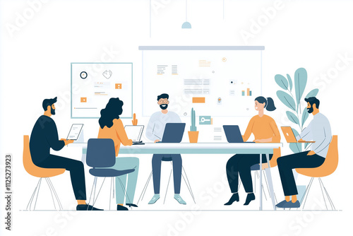 illustration of business people meeting in office. Teamwork concept. Flat style design
