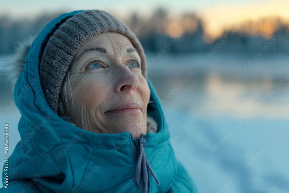 Fototapeta premium Portrait of a blissful woman in her 50s wearing a zip-up fleece hoodie in backdrop of a frozen winter lake