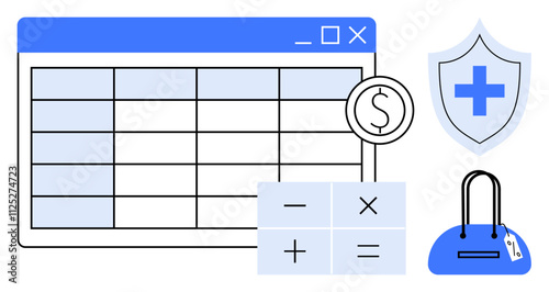 Spreadsheet with financial table, calculator buttons, shield with medical cross, and shopping bag. Ideal for budgeting, finance management, healthcare costs, ecommerce analysis, expense tracking
