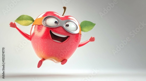 A happy superhero apple character joyfully leaps