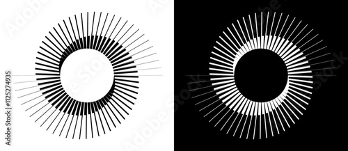 Spiral with lines as dynamic abstract vector background or logo or icon. Yin and Yang symbol. Black spiral on white background and white spiral on black background.