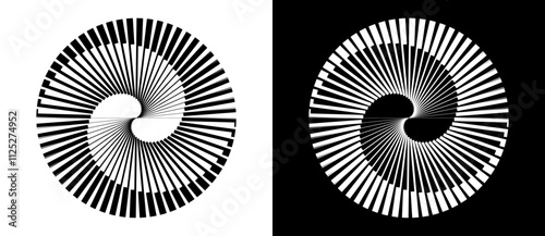Spiral with lines as dynamic abstract vector background or logo or icon. Yin and Yang symbol. Black spiral on white background and white spiral on black background.