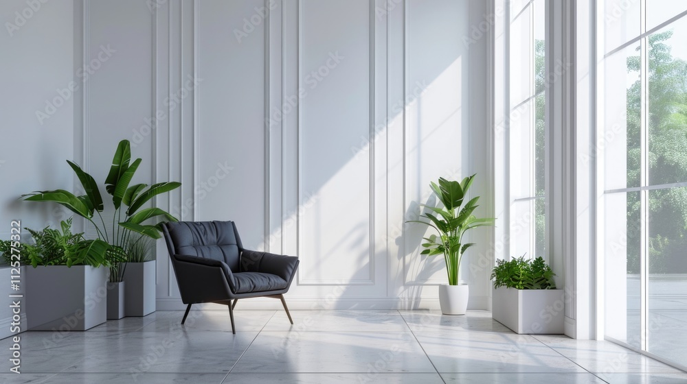 Modern Minimalist Living Room with Black Armchair and Plant - 3D Rendered Illustration