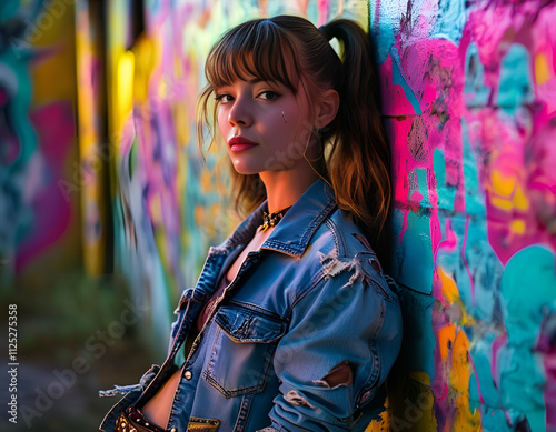 Denim-Clad Woman with Direct Gaze Against Street Art Canvas