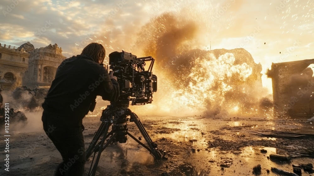 Fototapeta premium Cameraperson films large explosion, damaged buildings.