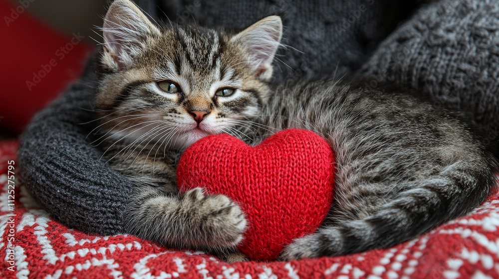Adorable Kitten Cuddles Red Knit Heart on Cozy Blanket