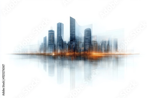 Urban skyline reflects in calm water with a soft, dreamy atmosphere at twilight