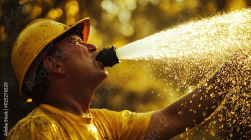 Worker drinks water from a fire hose during a break