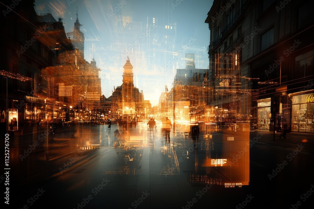 Obraz premium City skyline illuminated during twilight with dynamic light reflections and bustling street activity