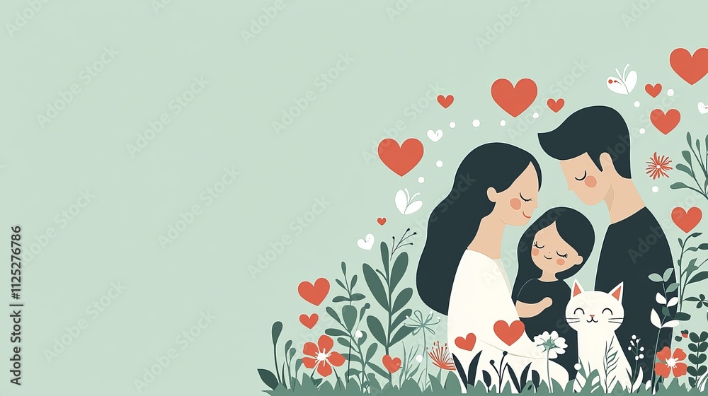 Happy Family Portrait in Blooming Garden with Pet Cat Happy Family Portrait in Blooming Garden with Pet Cat
